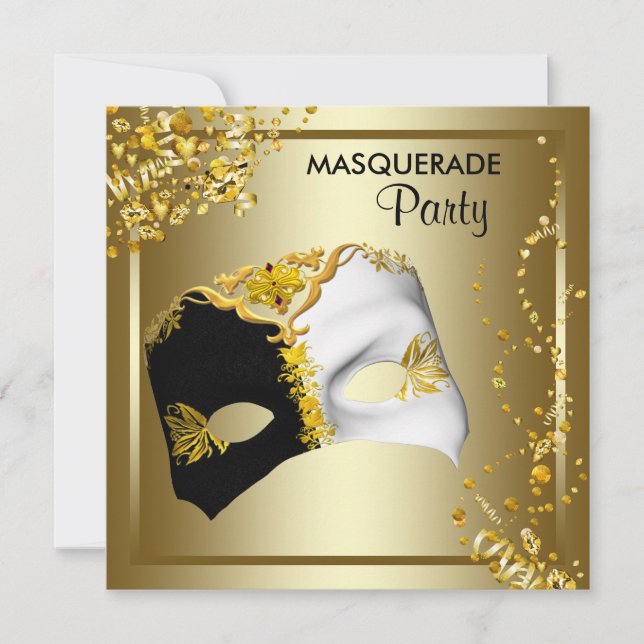 Confetti Mask Black Gold Masquerade Party Einladung (Vorderseite)