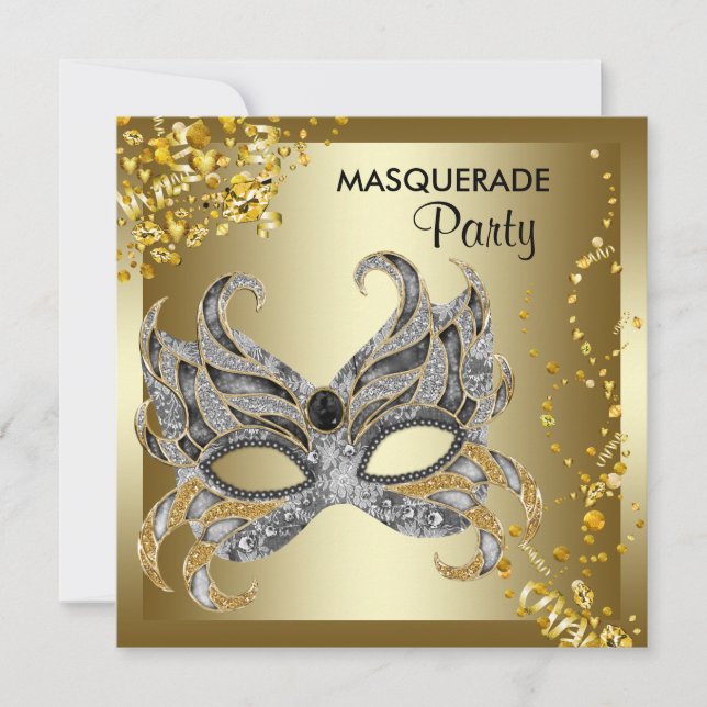Confetti Maske Silver Gold Masquerade Party Einladung (Vorderseite)