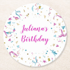Confetti Party Pink und Blue Sparkle Geburtstag Runder Pappuntersetzer