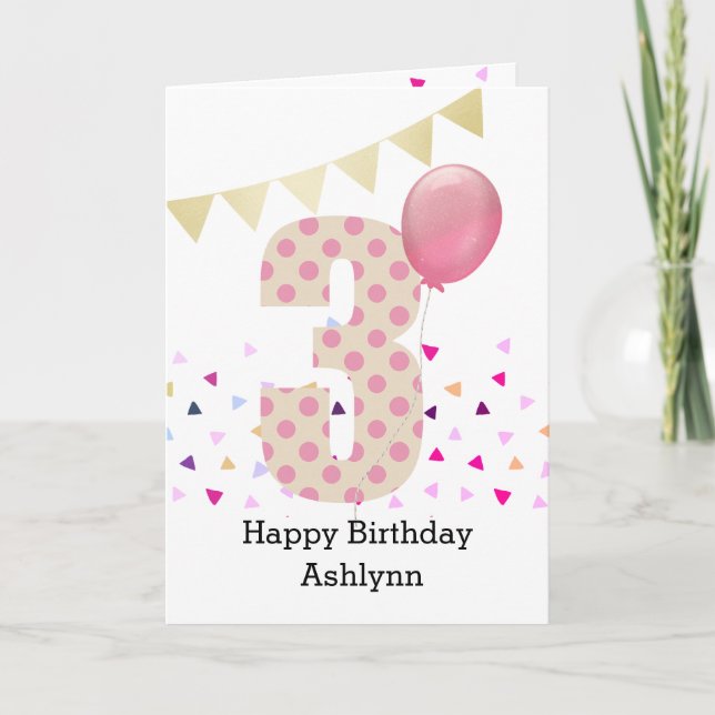 Confetti Pink Polka Dot 3. Geburtstag Karte (Vorderseite)