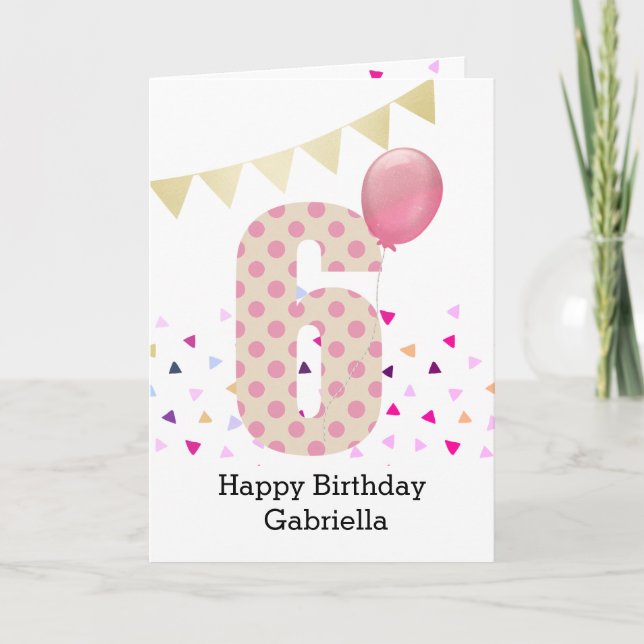 Confetti Pink Polka Dot 6. Geburtstag Karte (Vorderseite)