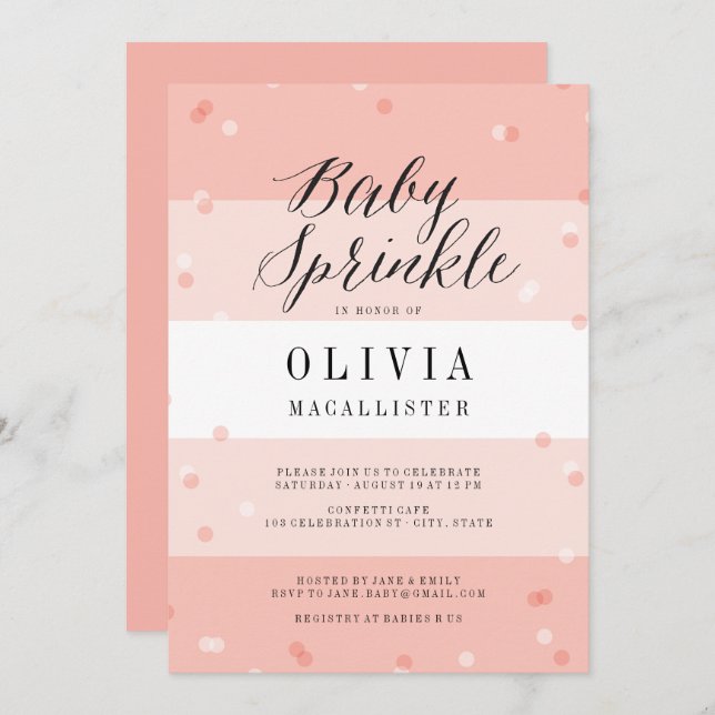 Confetti Pink Stripes Girl Baby Sprinkle Einladung (Vorne/Hinten)