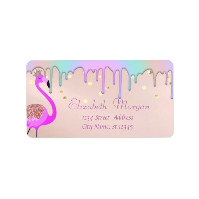 Confetti, Regenbogen-Tropfen Pink Flamingo Adressaufkleber (Vorne)