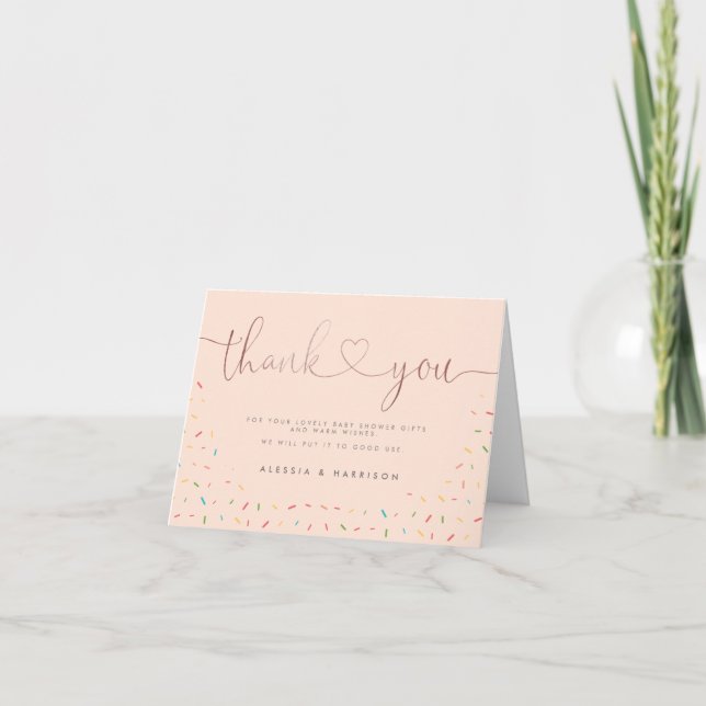 Confetti Rose Gold Calligraphy Girl Babydusche Dankeskarte (Vorderseite)