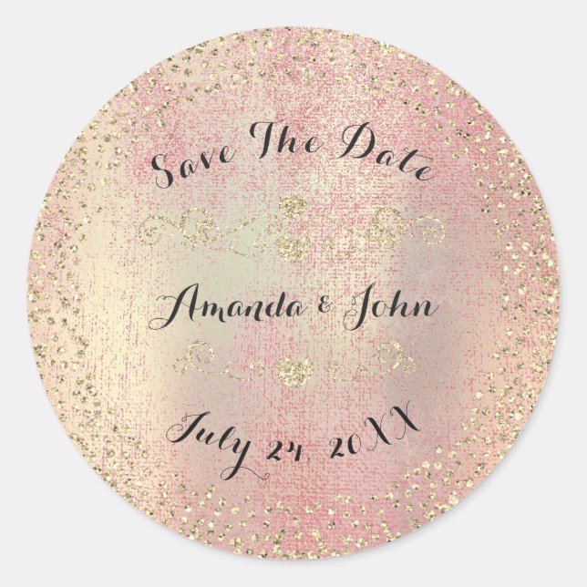 Confetti Rose Gold Glitzer Save the Date Peach But Runder Aufkleber (Vorderseite)