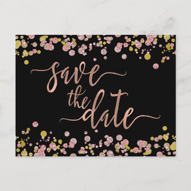 Confetti Sparkle Rose Gold Wedding Save the Date Ankündigungspostkarte (Vorderseite)