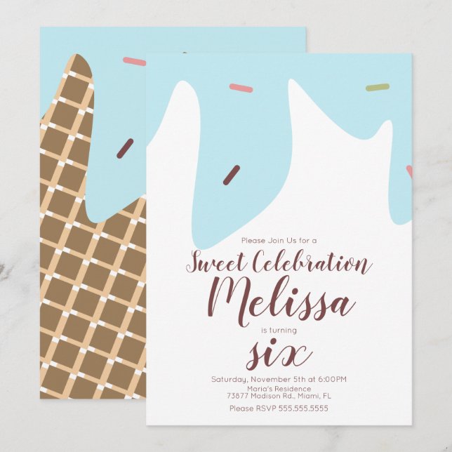 Confetti Sprinkles Tropfen Eis Creme Cone Blue Einladung (Vorne/Hinten)