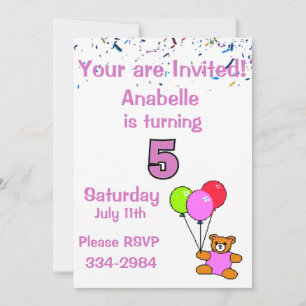 Confetti, Teddy Bear, Balloons Girl's 5. Geburtsta Einladung