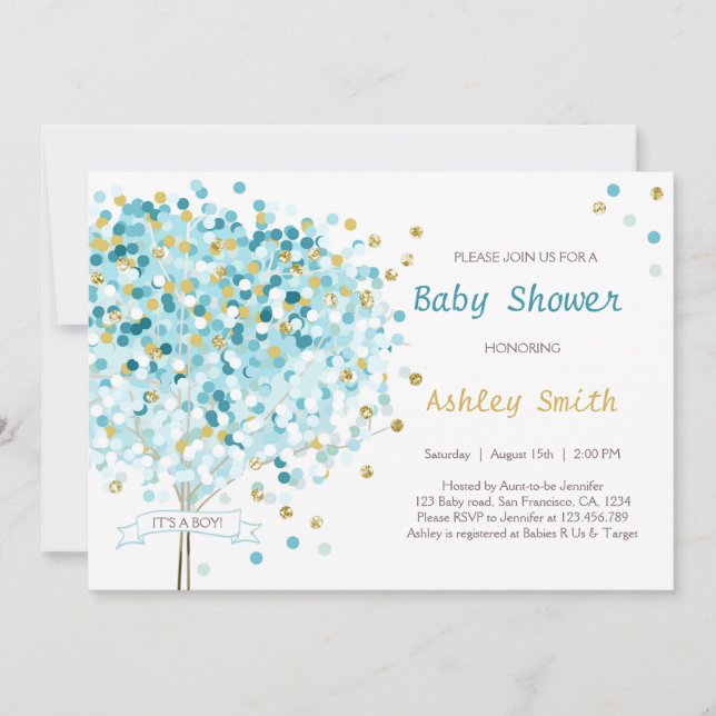 Confetti Tree Baby Shower Invitation Boy Blue Gold Einladung (Vorderseite)