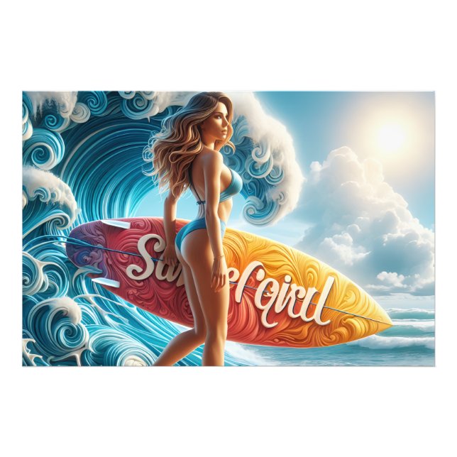 Confident Surfer Girl Walking Beach Waves Art Fotodruck (Vorne)