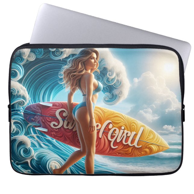 Confident Surfer Girl Walking Beach Waves Art Laptopschutzhülle (Vorderseite)