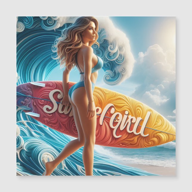 Confident Surfer Girl Walking Beach Waves Art Magnetkarte (Vorderseite)