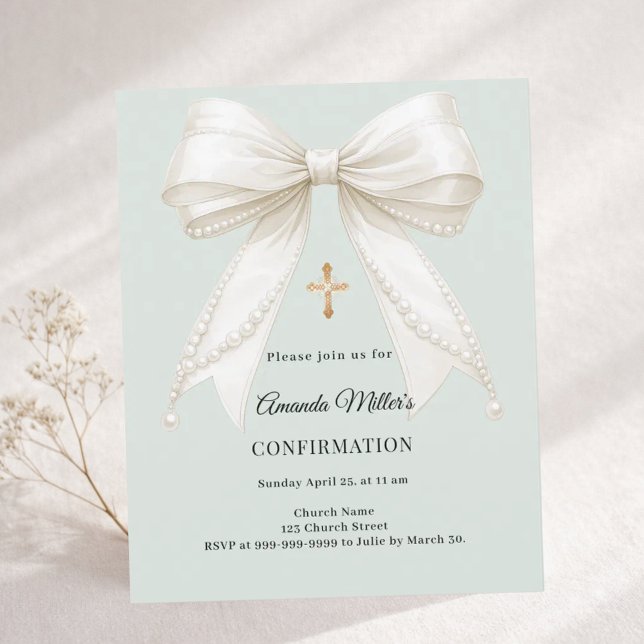 Confirmation bow ivory pearls sage invitation (Von Creator hochgeladen)