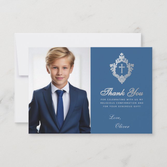 Confirmation Classic Blue Vintag Wappen Boy Foto Dankeskarte (Vorderseite)