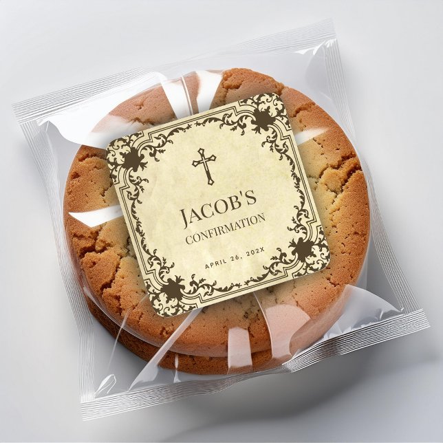 Confirmation Elegant Vintage Antique Parchment Quadratischer Aufkleber (Von Creator hochgeladen)