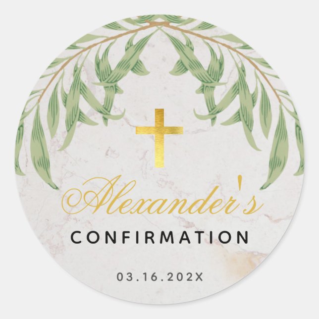 Confirmation Foliage Marble Script Imitate Gold Cr Runder Aufkleber (Vorderseite)
