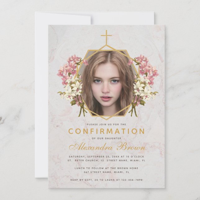 Confirmation Girl Foto Floral Pink Orchids Marmor Einladung (Vorderseite)