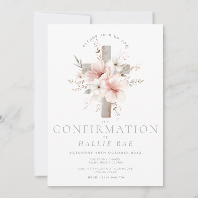 Confirmation Invitation Girl, Modern Floral Cross Einladung (Vorderseite)