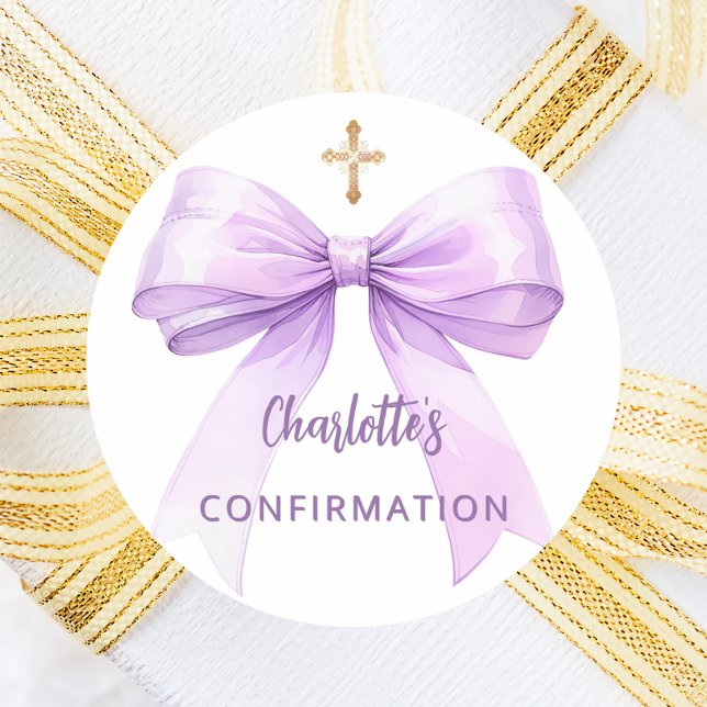 Confirmation lavender bow girl cross runder aufkleber (Von Creator hochgeladen)