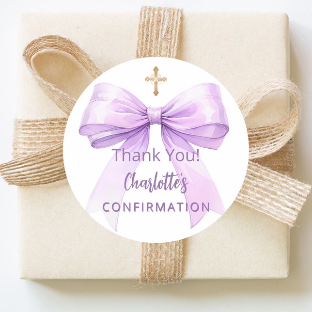 Confirmation lavender bow girl cross thank you runder aufkleber (Von Creator hochgeladen)