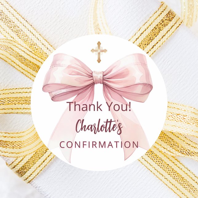 Confirmation pink bow girl cross thank you runder aufkleber (Von Creator hochgeladen)