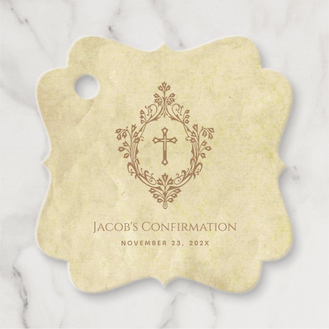 Confirmation Vintage Parchment Brown Cross & Crest Geschenkanhänger (Vorderseite)