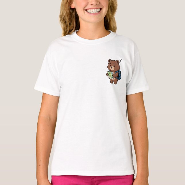 Confused Cute Cartoon Bear Tourist Holding Map T-Shirt (Vorderseite)