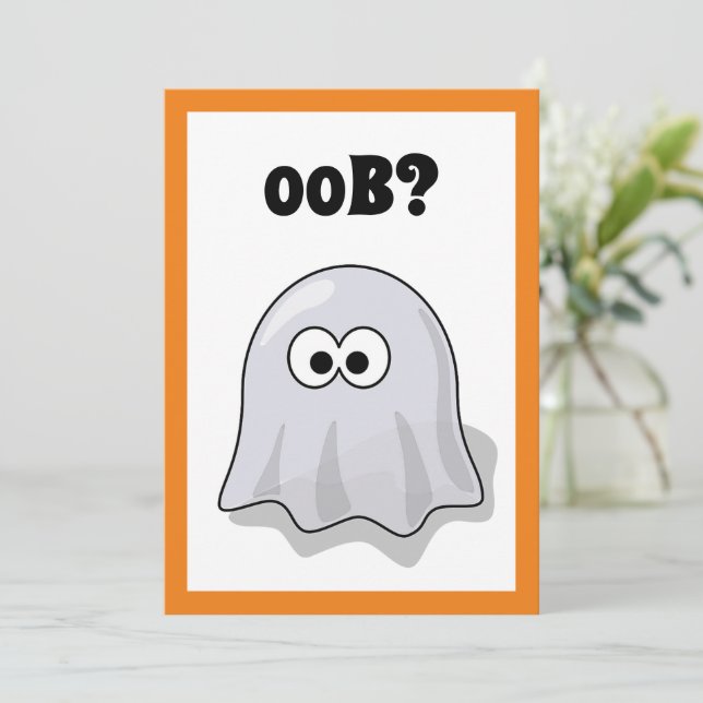 Confused Ghost Says "Oob?" Funny Halloween Cartoon Einladung (Stehend Vorderseite)