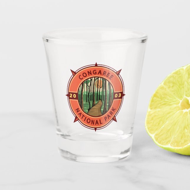 Congaree Nationalpark Retro Kompass Emblem Schnapsglas (Vorderseite)