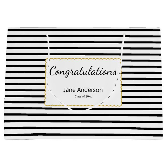 Congratulations Grad's Name Black & White Stripes Große Geschenktüte (Vorderseite)