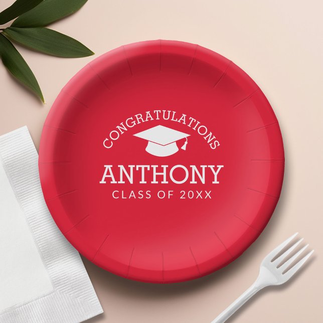 Congratulations Graduate Graduation Cap red white Pappteller (Custom Paper Plate)