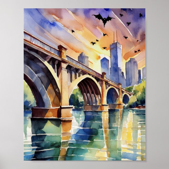 Congress Avenue Bat Bridge Austin Texas Watercolor Poster (Vorne)