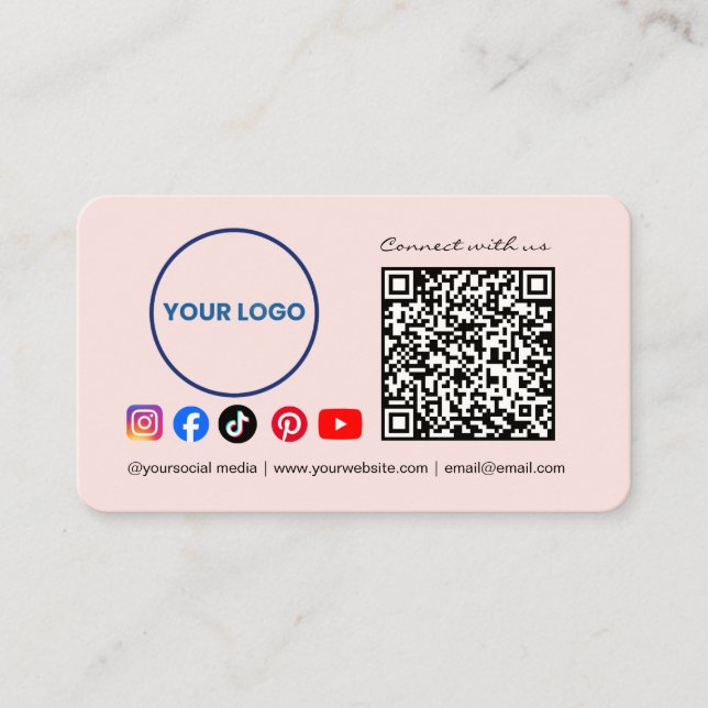 Connect with us Social Media QR Code Pink Business Visitenkarte (Vorderseite)