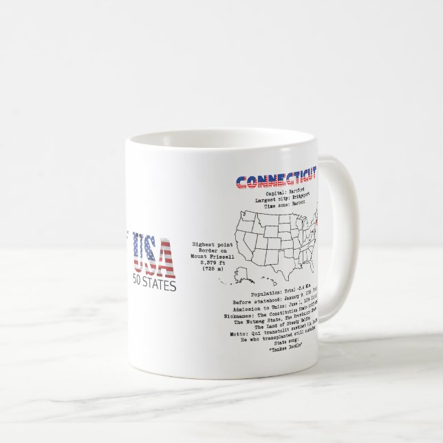 Connecticut American Staat auf einer Karte und Ein Kaffeetasse (VorderseiteRechts)