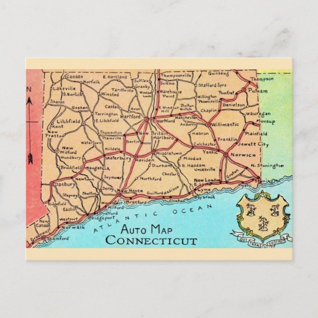 Connecticut Auto Karte Postkarte (Vorderseite)