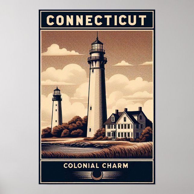 Connecticut Colonial Charm Lighthouse Vintag Poster (Vorne)