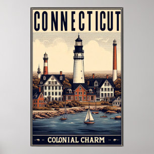 Connecticut Colonial Charm Lighthouse Vintag Poster
