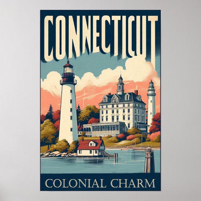 Connecticut Colonial Charm Lighthouse Vintag Poster (Vorne)