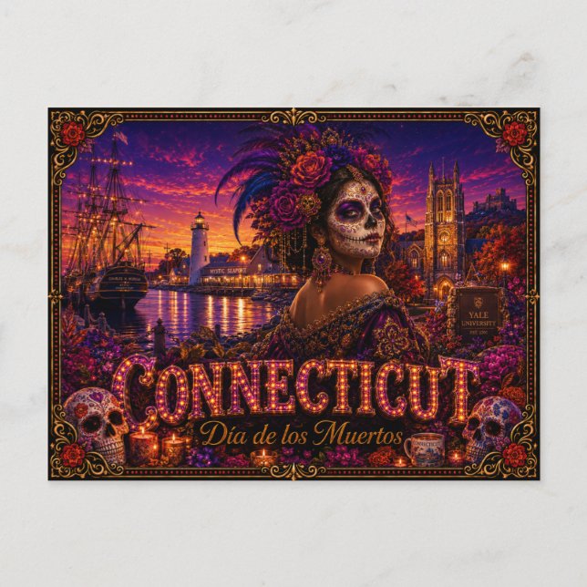 Connecticut Día de los Muertos Retro Postkarte (Vorderseite)