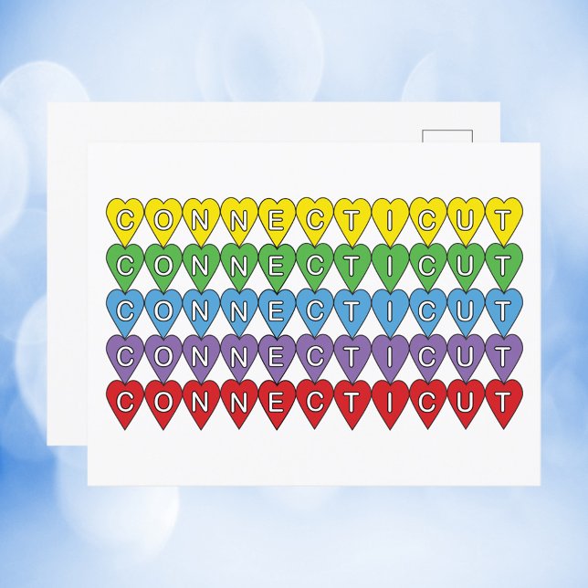 Connecticut farbenfrohe Herzen Postkarte (A cute postcard with a colorful heart pattern and the word Connecticut)