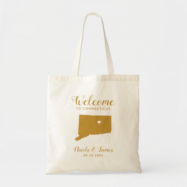 Connecticut Map Wedding Welcome Bag Tasche, Gold Tragetasche (Vorne)