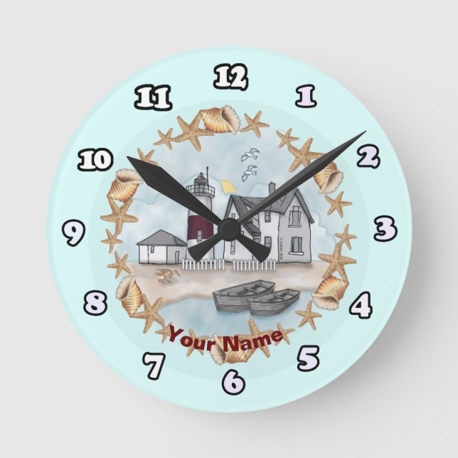 Connecticut-Muscheln-Leuchtturm-Uhr Runde Wanduhr (Vorderseite)