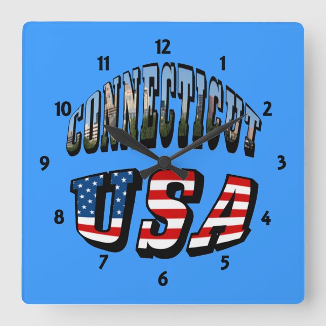 Connecticut Picture and USA Flag Text Quadratische Wanduhr (Vorderseite)