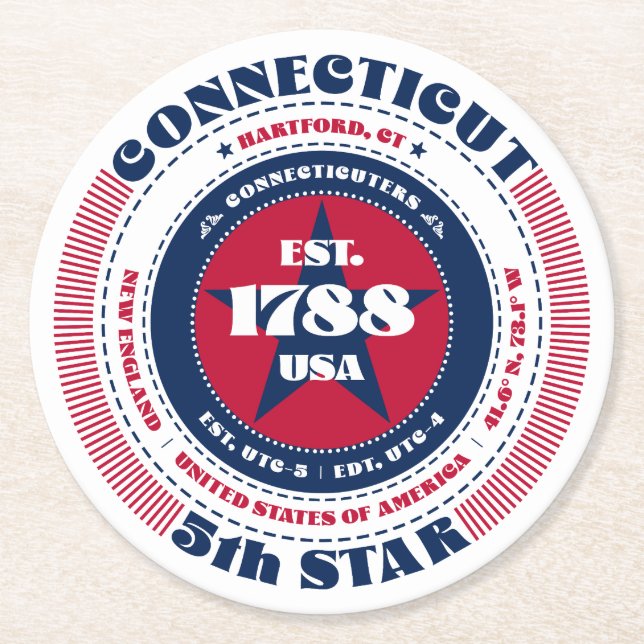 Connecticut Red White Blue Typografie Runder Pappuntersetzer (Vorderseite)