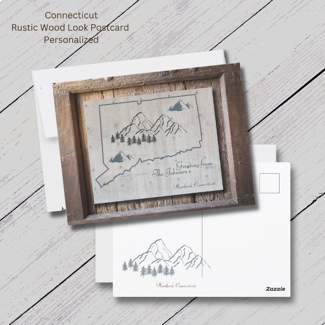 Connecticut Rustic Wood Greetings Postkarte (Connecticut Rustic Wood PostCard. The "wood look" makes this card so unique. Personalize it!)