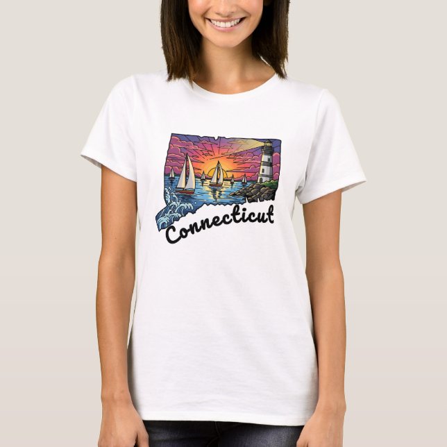 Connecticut Staat Tattoo Style Leuchtturm Sonnenun T-Shirt (Vorderseite)