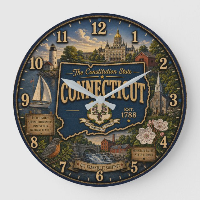 Connecticut State Constitution State Map Landmark Große Wanduhr (Vorderseite)