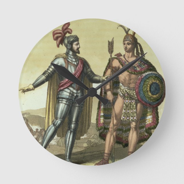 Conquistador mit einem amerikanischen Indianerober Runde Wanduhr (Vorderseite)
