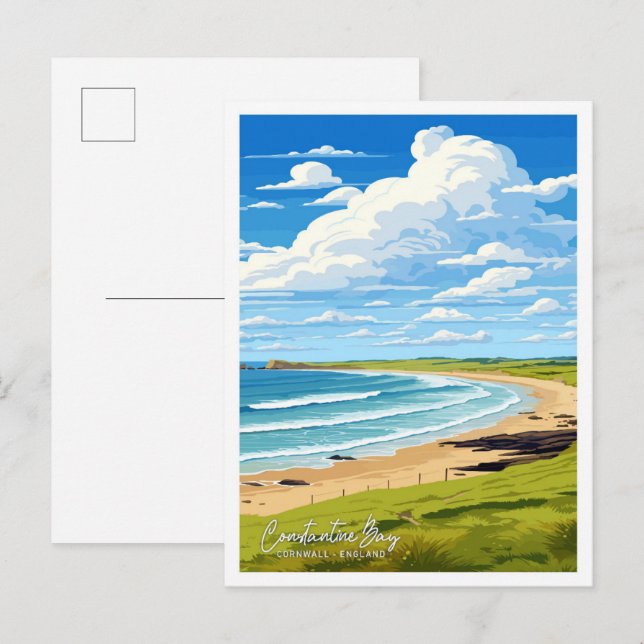 Constantine Bay Cornwall Art Travel Illustration Postkarte (Vorne/Hinten)