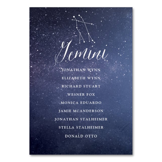 Constellation Wedding Seating Chart Card Gemini Tischnummer (Vorderseite)